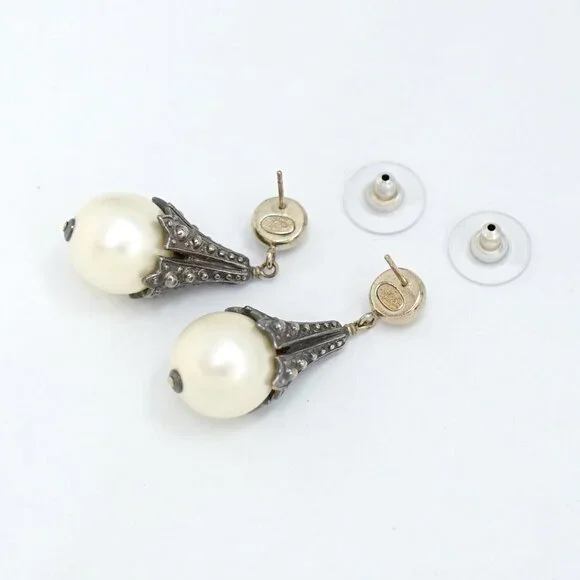 CHANEL CC Logos Pearl Dangle Stud Earrings Silver Gold Tone 03P Auth w/Box